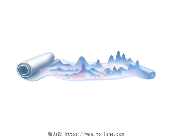 蓝色手绘水墨风国潮古风中国风山水卷轴元素PNG素材